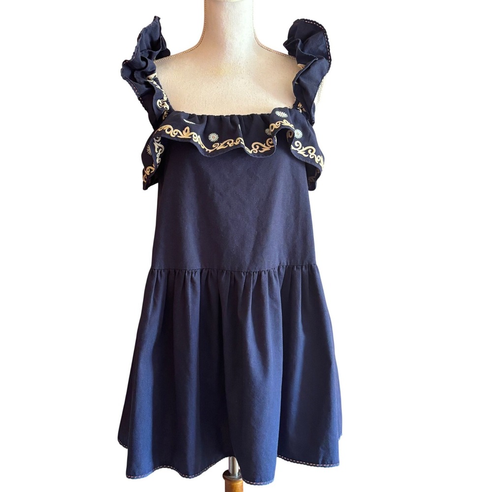 Jacquie The Label Navy Embroidered Ruffle Drop Waist Mini Dress Small Resort